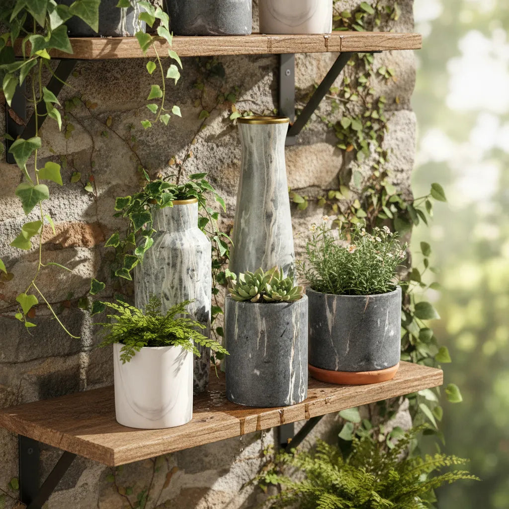 Set Macetero y Porta Macetero Cerámica Mármol 11cm y 8cm - Elegante Porta Macetero Frank Home Chile