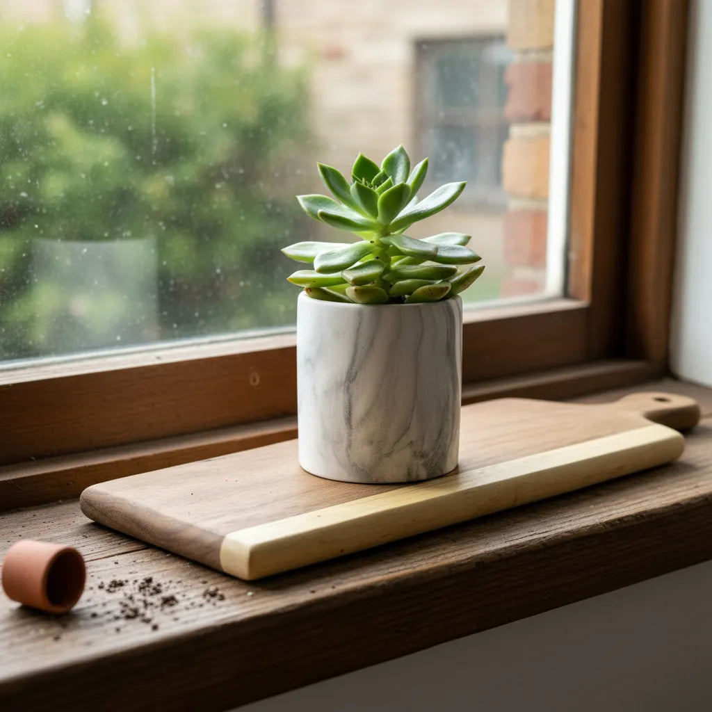 Set Macetero y Porta Macetero Cerámica Mármol 11cm y 8cm - Elegante Porta Macetero Frank Home Chile