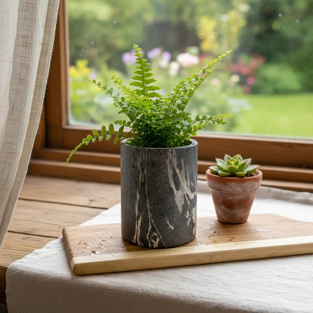 Set Macetero y Porta Macetero Cerámica Mármol 11cm y 8cm - Elegante Porta Macetero Frank Home Chile