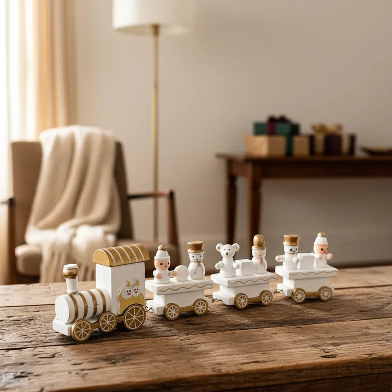 Tren Decorativo de Madera Navideño Blanco y Dorado Adorno Frank Home Chile