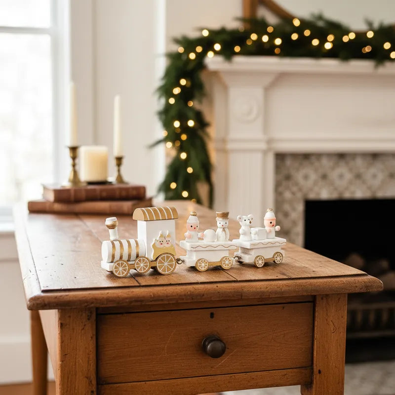 Tren Decorativo de Madera Navideño Blanco y Dorado Adorno Frank Home Chile