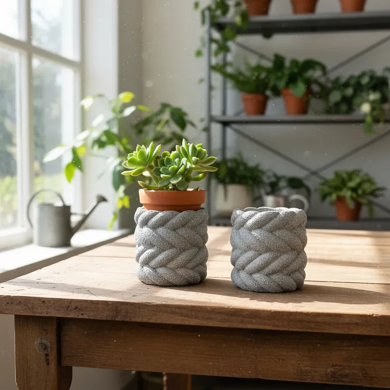 Porta Macetero Cerámica Textura Piedra Trenzado Porta Macetero Frank Home Chile