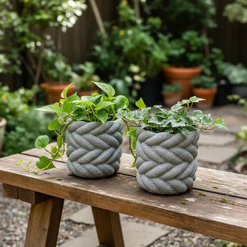 Porta Macetero Cerámica Textura Piedra Trenzado Porta Macetero Frank Home Chile