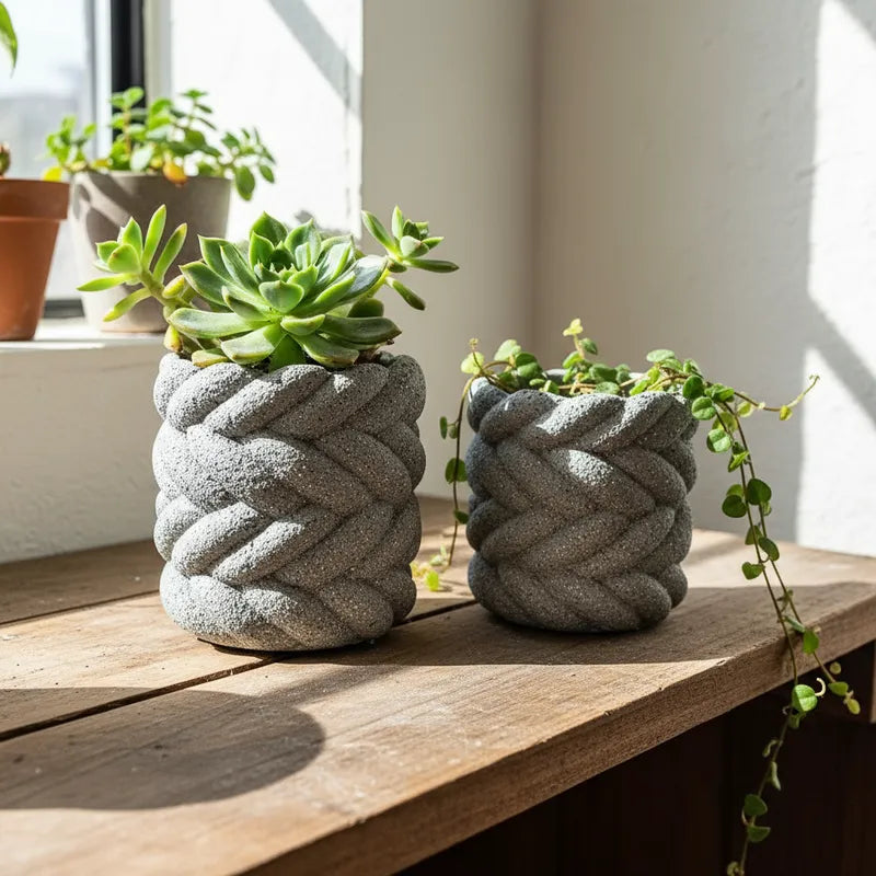 Porta Macetero Cerámica Textura Piedra Trenzado Porta Macetero Frank Home Chile