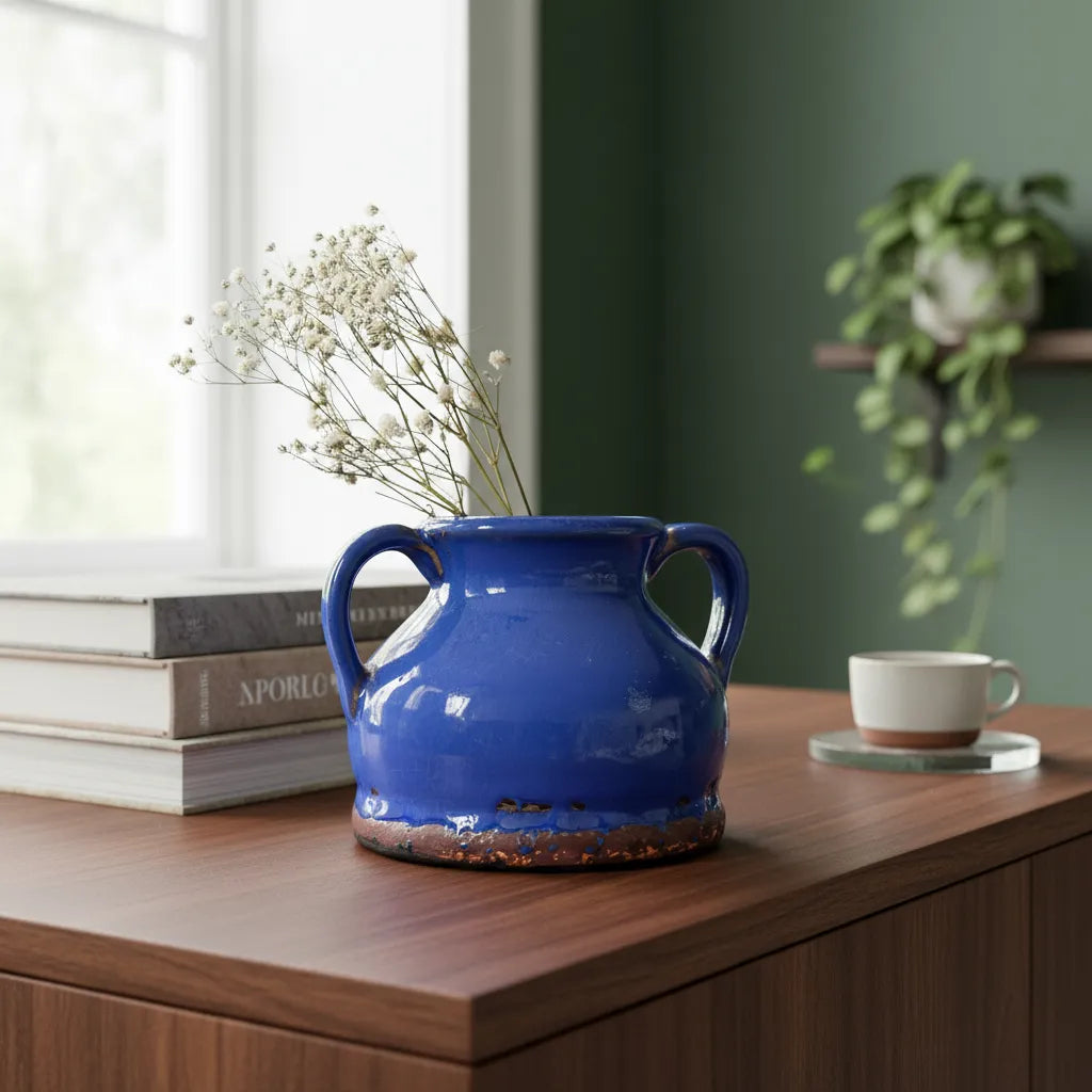 Vasija Rústica Cerámica Azul 13cm - Mini Florero Artesanal Florero Frank Home Chile