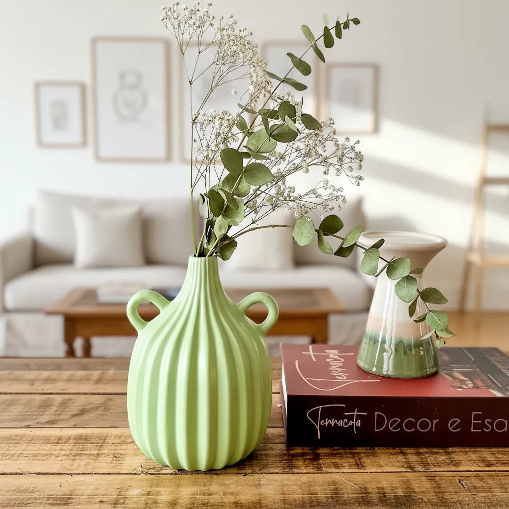 Vasija Verde Listado Cerámica 21cm - Diseño Vibrante Elegante Florero Frank Home Chile
