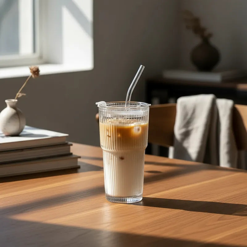 Vaso de vidrio acanalado 600 ml con bombilla Vasos Frank Home Chile