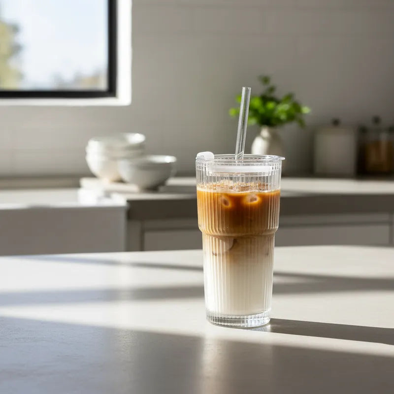 Vaso de vidrio acanalado 600 ml con bombilla Vasos Frank Home Chile