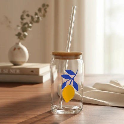 Vaso Vidrio con Bombilla y Tapa Bambú 480ml - Diseño Limón Vasos Frank Home Chile