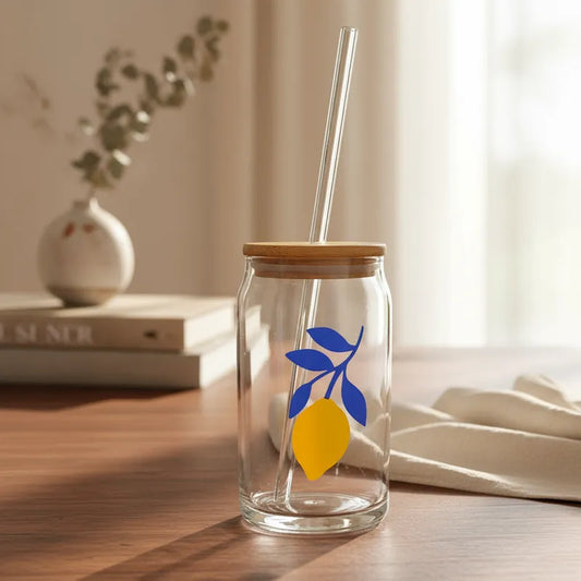 Vaso Vidrio con Bombilla y Tapa Bambú 480ml - Diseño Limón Vasos Frank Home Chile