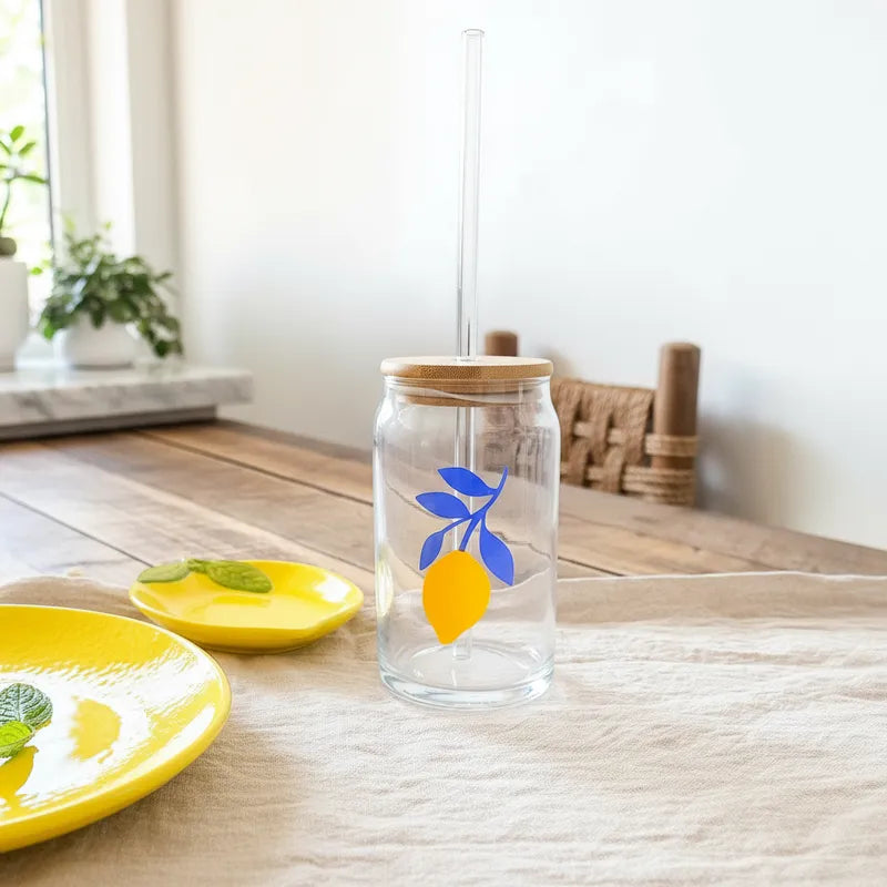 Vaso Vidrio con Bombilla y Tapa Bambú 480ml - Diseño Limón Vasos Frank Home Chile