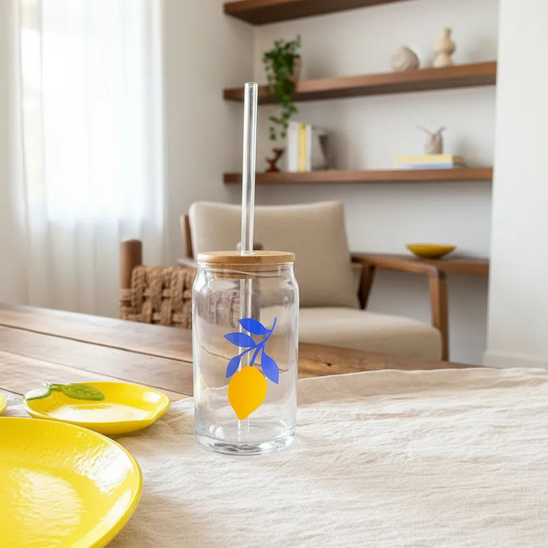 Vaso Vidrio con Bombilla y Tapa Bambú 480ml - Diseño Limón Vasos Frank Home Chile