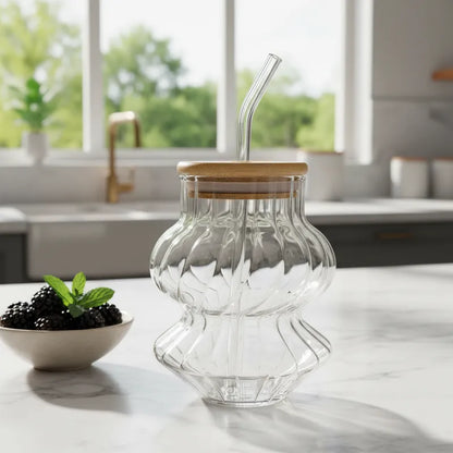 Vaso Vidrio Acanalado con Bombilla - Diseño Orgánico Moderno Vasos Frank Home Chile