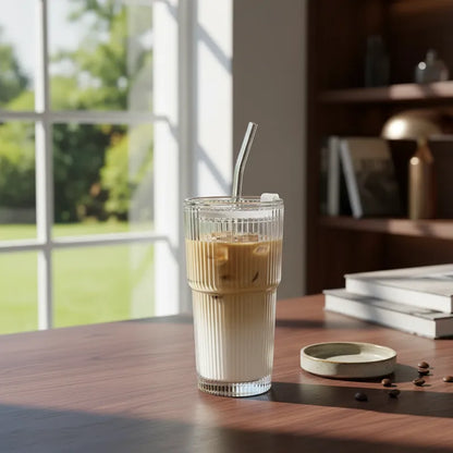 Vaso de vidrio acanalado 600 ml con bombilla Vasos Frank Home Chile