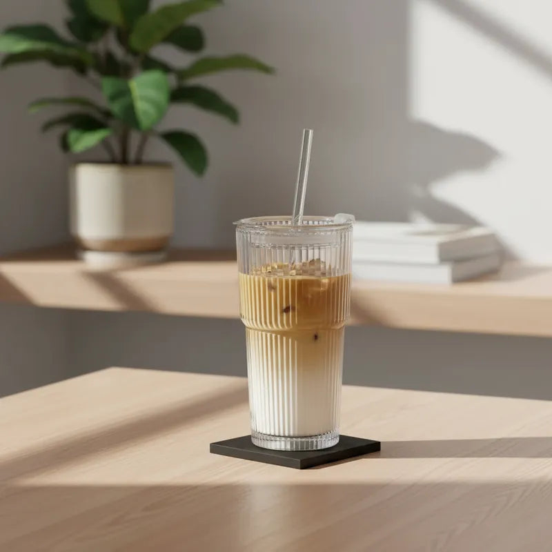 Vaso de vidrio acanalado 600 ml con bombilla Vasos Frank Home Chile