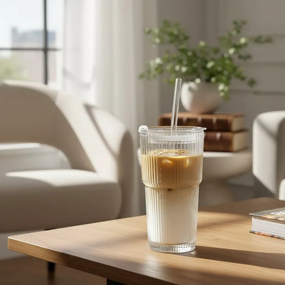 Vaso de vidrio acanalado 600 ml con bombilla Vasos Frank Home Chile